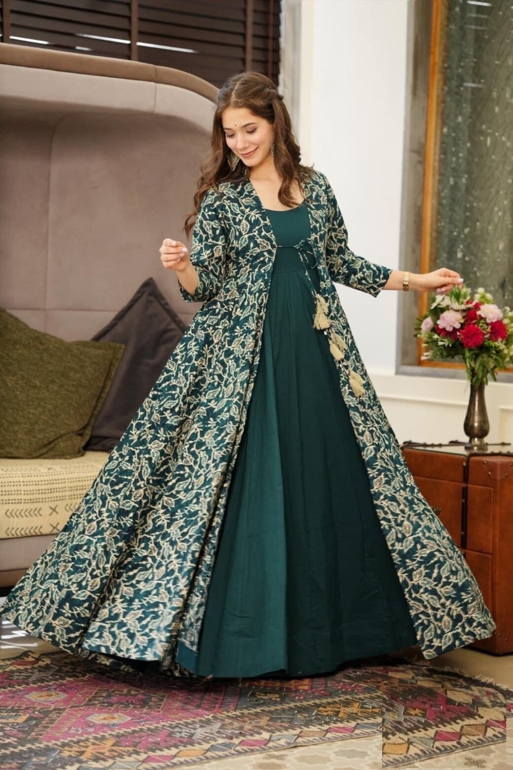 Dark Green floral printed anarkali kurti - Image 2