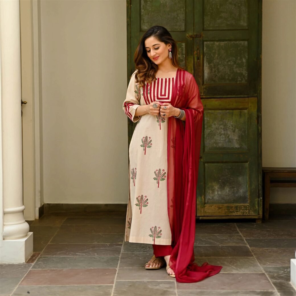 White Printed Fancy Kurti With Red Bottom & Dupatta set