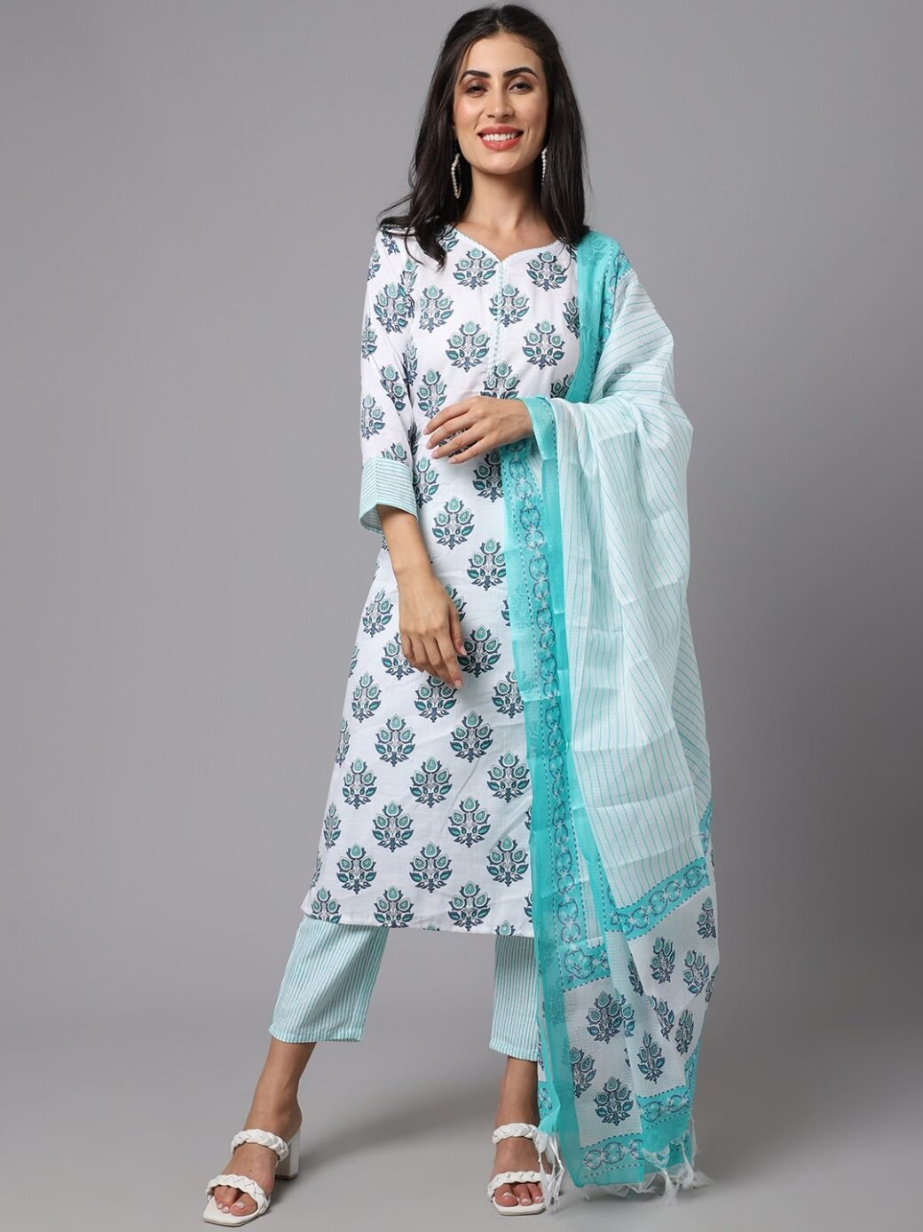 White Floral Printed Fancy Kurti With Bottom & Dupatta set