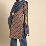 Neavy Blue & Maroon Printed Fancy Kurti With Bottom & White Dupatta set