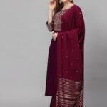 Maroon Fancy Kurti With Bottom & White Dupatta set