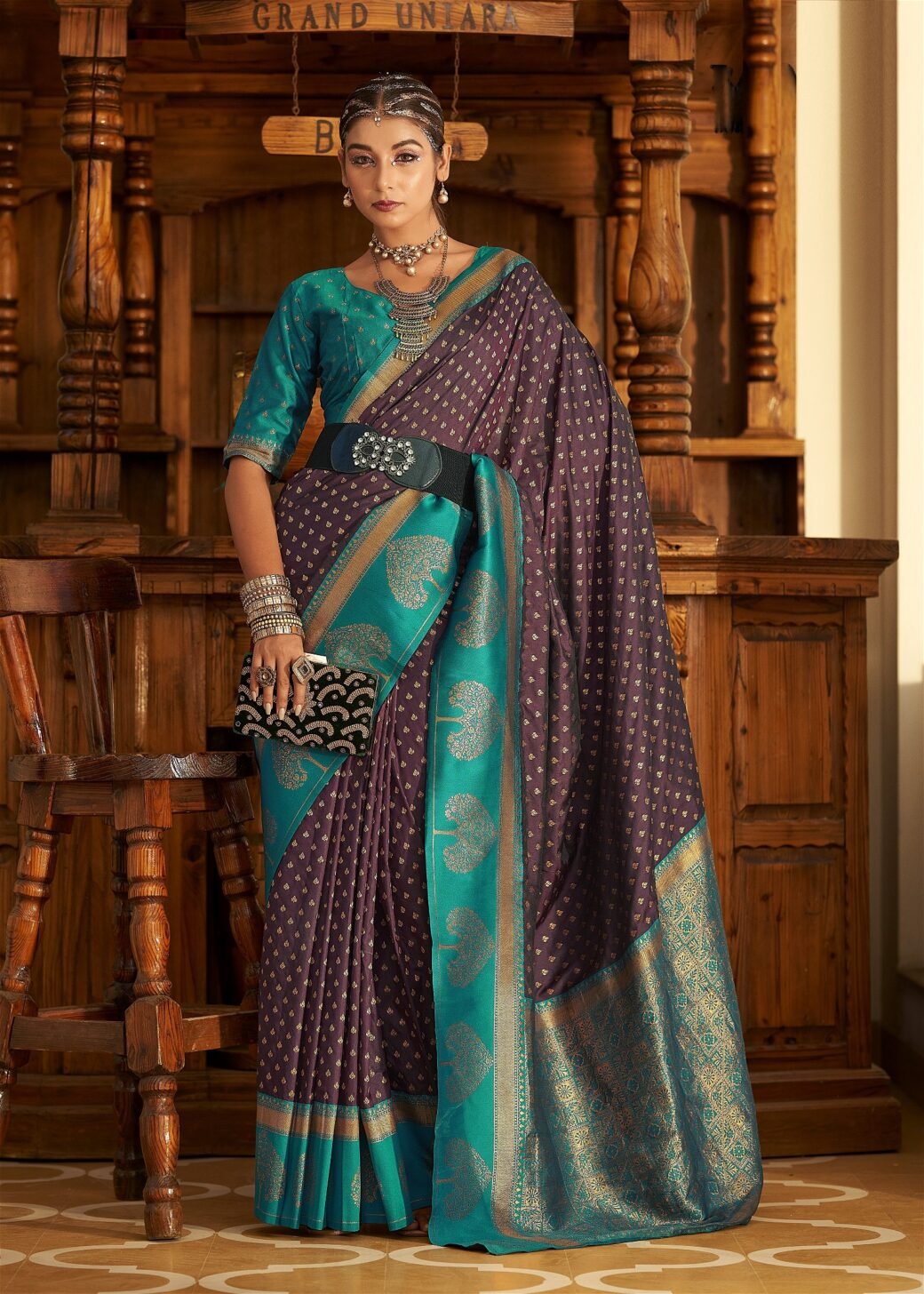 Merlot Wine Banarasi Silk Saree With Zari Weaving Work