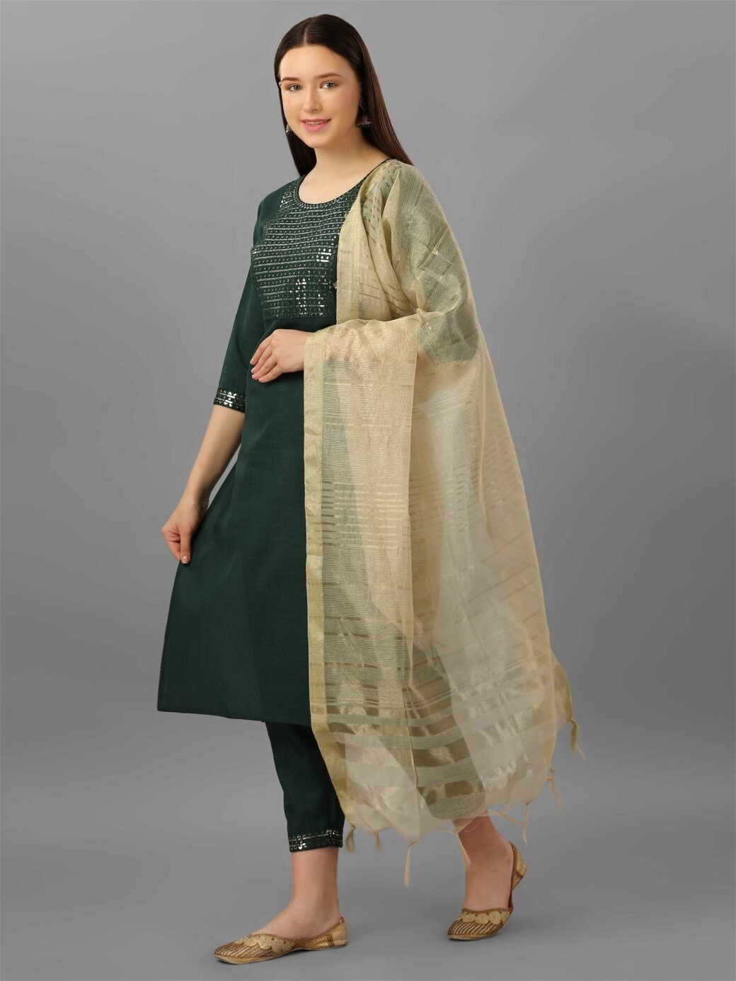 Womens Green Colour Cotton Kurta Pant With Dupatta Set - Image 4