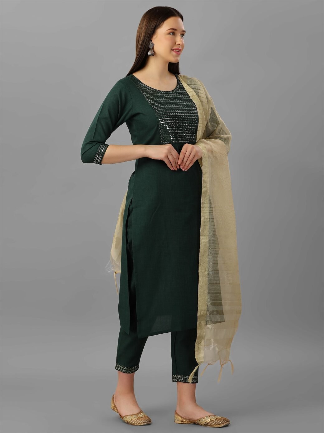 Womens Green Colour Cotton Kurta Pant With Dupatta Set - Image 5