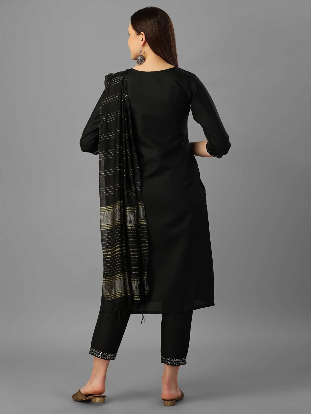 Womens Black Colour Cotton Kurta Pant With Dupatta Set - Image 3