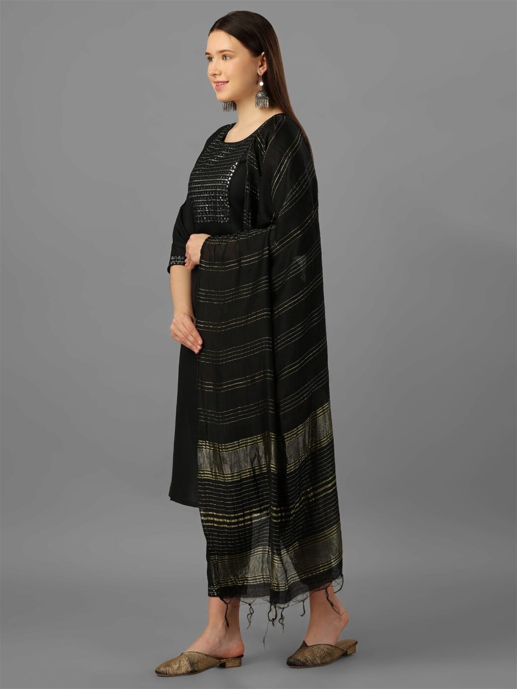 Womens Black Colour Cotton Kurta Pant With Dupatta Set - Image 4