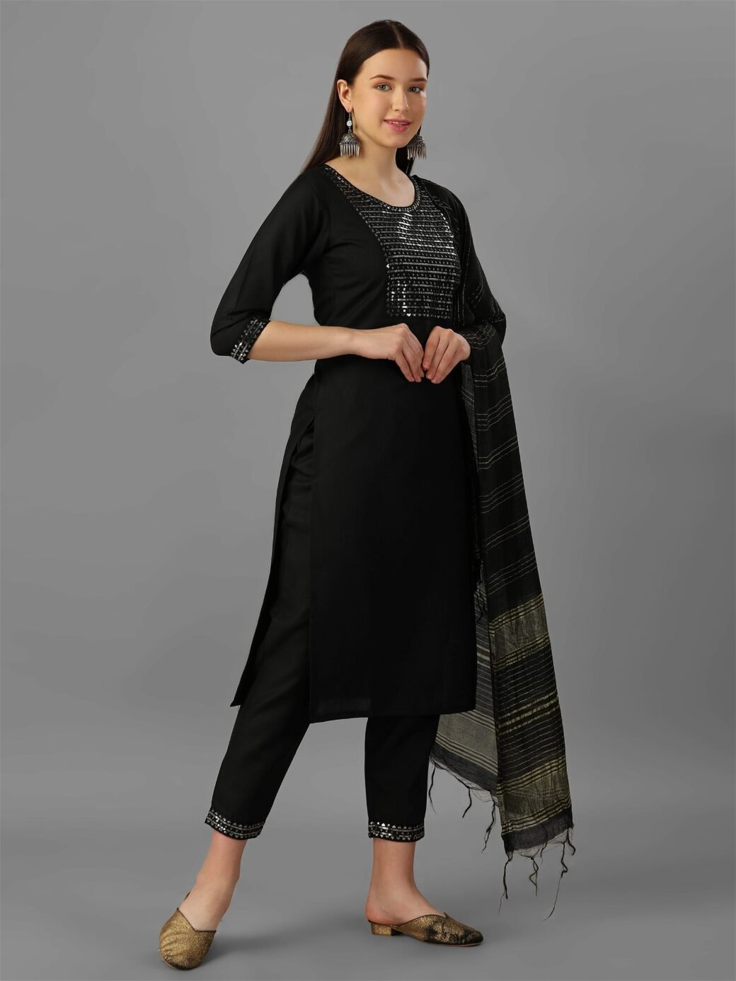 Womens Black Colour Cotton Kurta Pant With Dupatta Set - Image 5