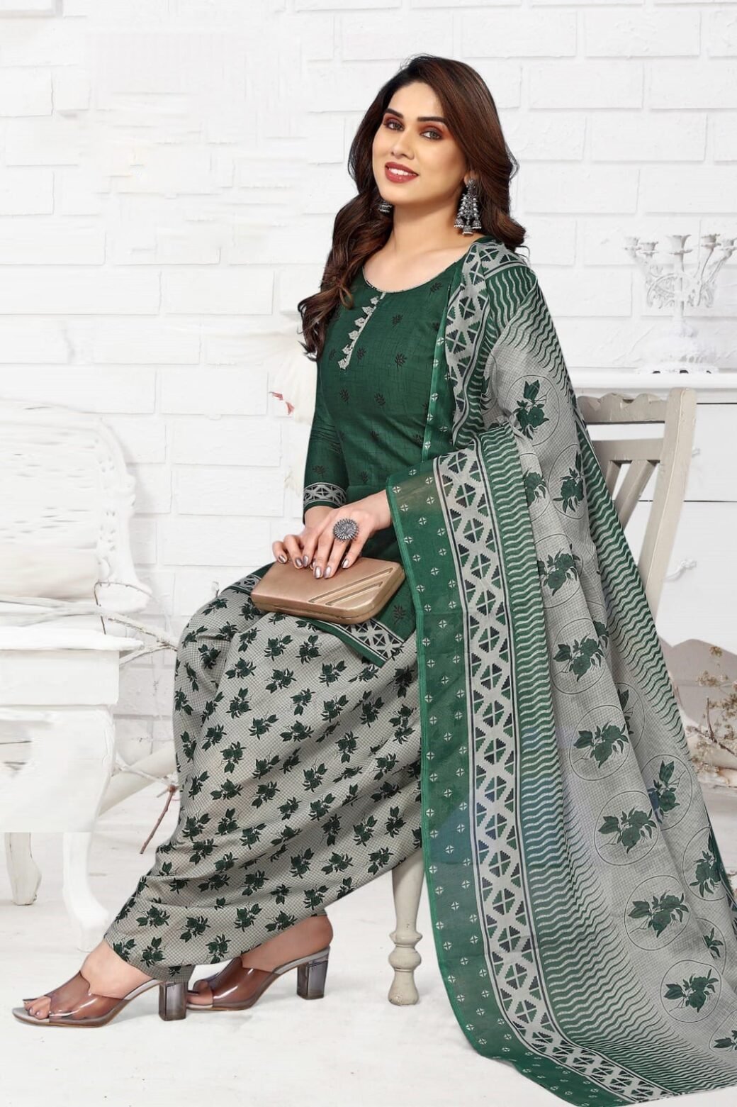 Green Cotton Patiyala Dress Material For Women