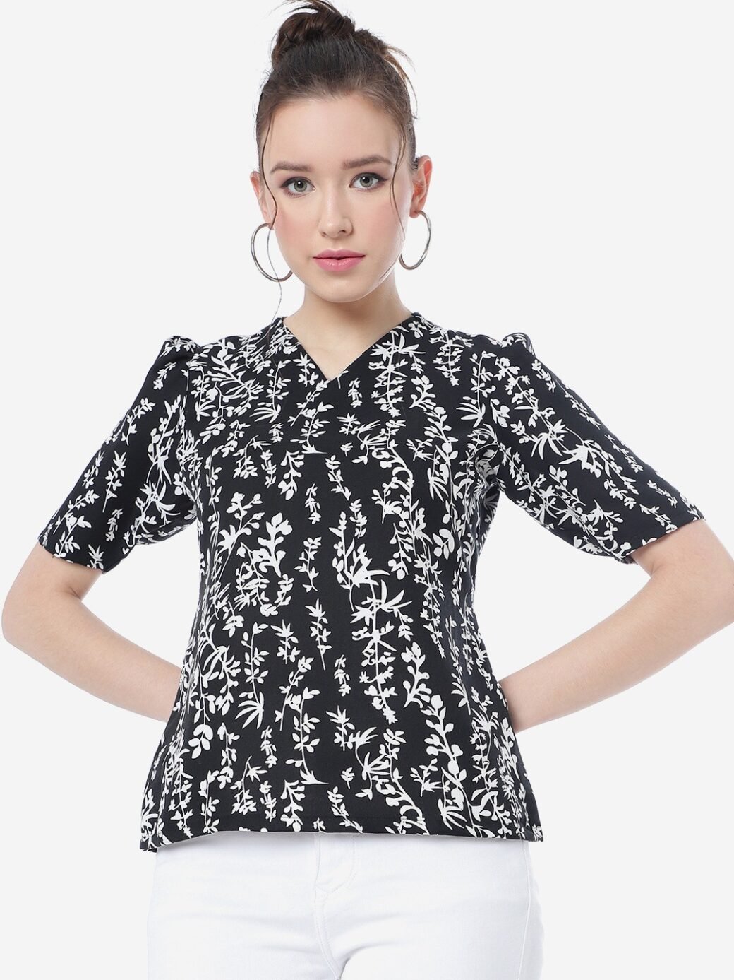 Black And White Floral Velly Casual Top - Image 2