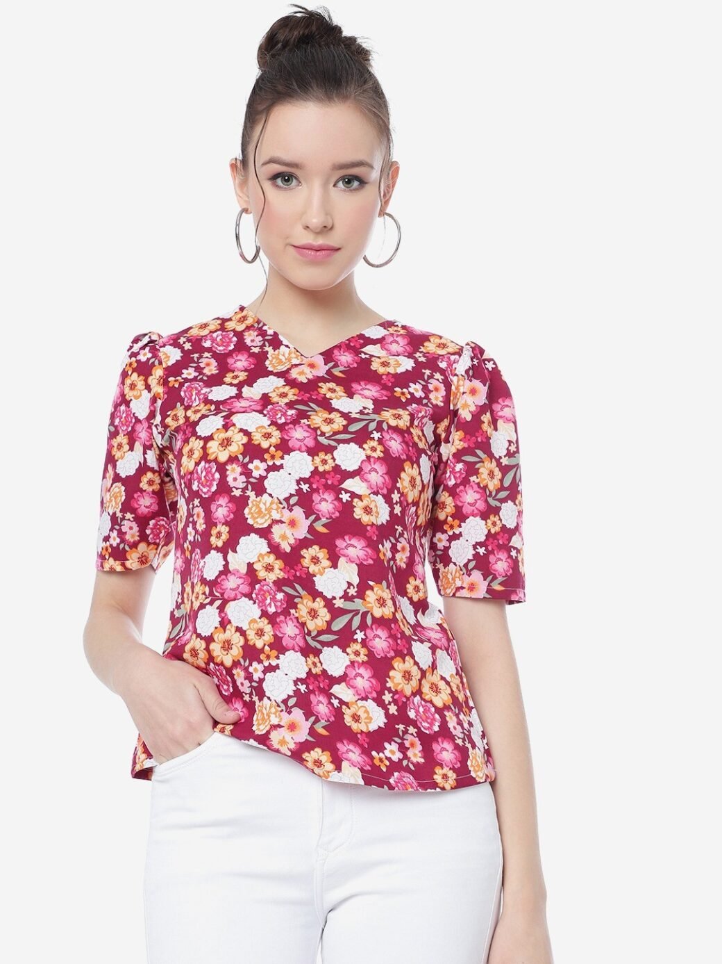 Deep Carmine Floral Printed Casual Top - Image 2