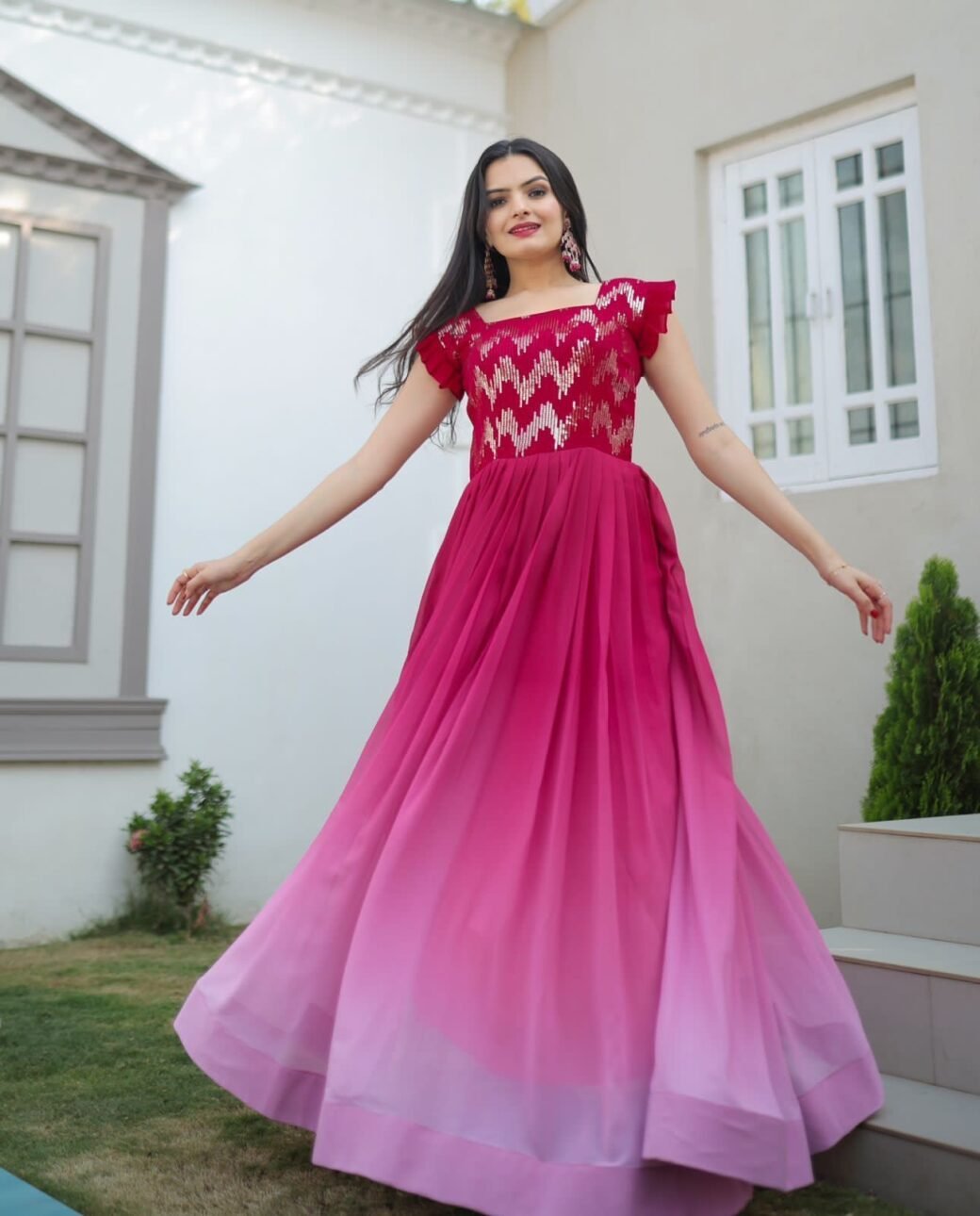 Womens Pink Color Embroidery And Zari Sequins work Party Wear Gown - Image 2