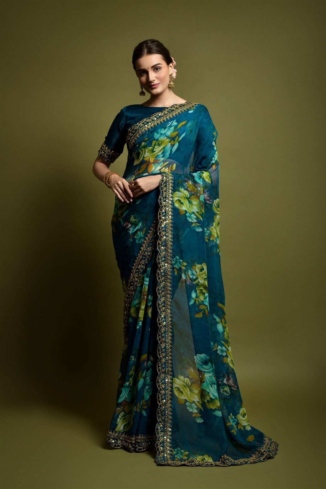 Teal Blue Georgette with Flower Print Saree