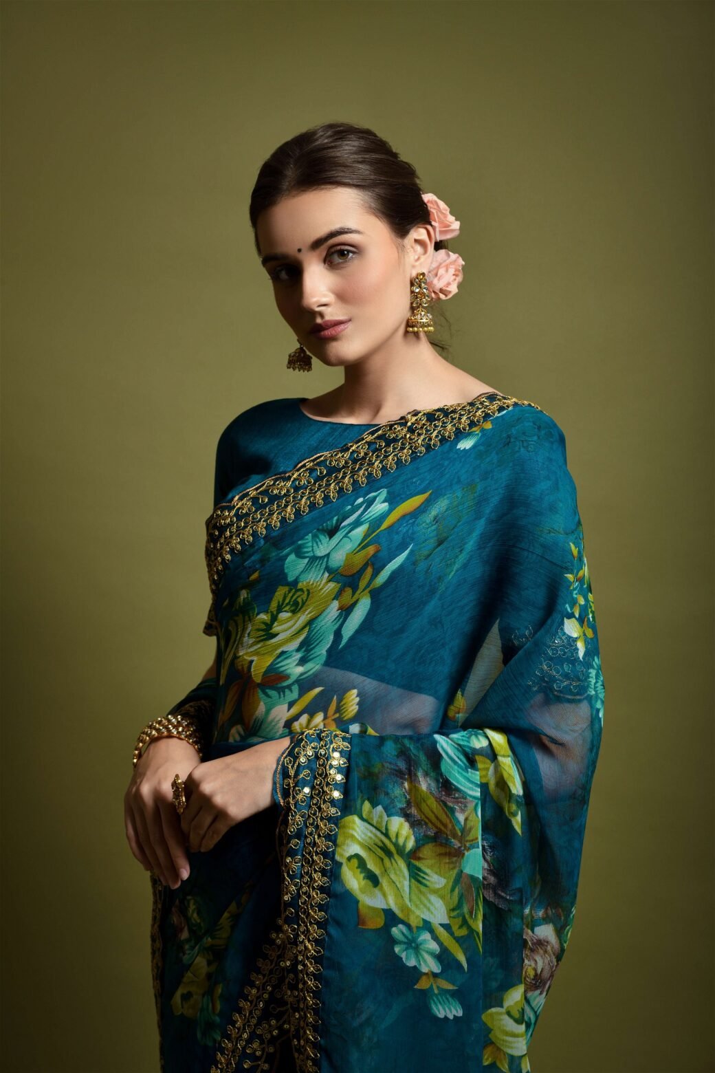 Teal Blue Georgette with Flower Print Saree - Image 2