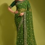 Green Georgette with Flower Foil Print Saree