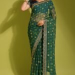 Teal Blue Georgette with Flower Foil Print Saree