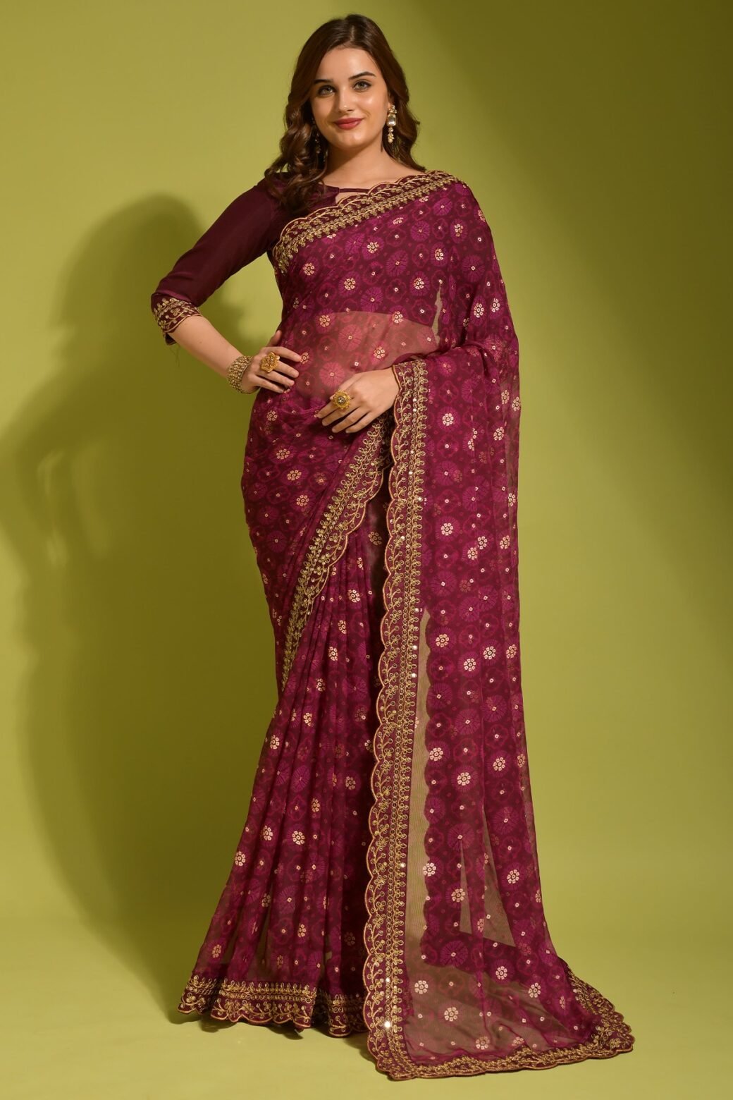 Wine Georgette with Flower Foil Print Saree