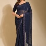 Blue Georgette with Flower Foil Print Saree