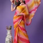 Multicolor Georgette with Leriya Print And Mirror Lace Work Saree