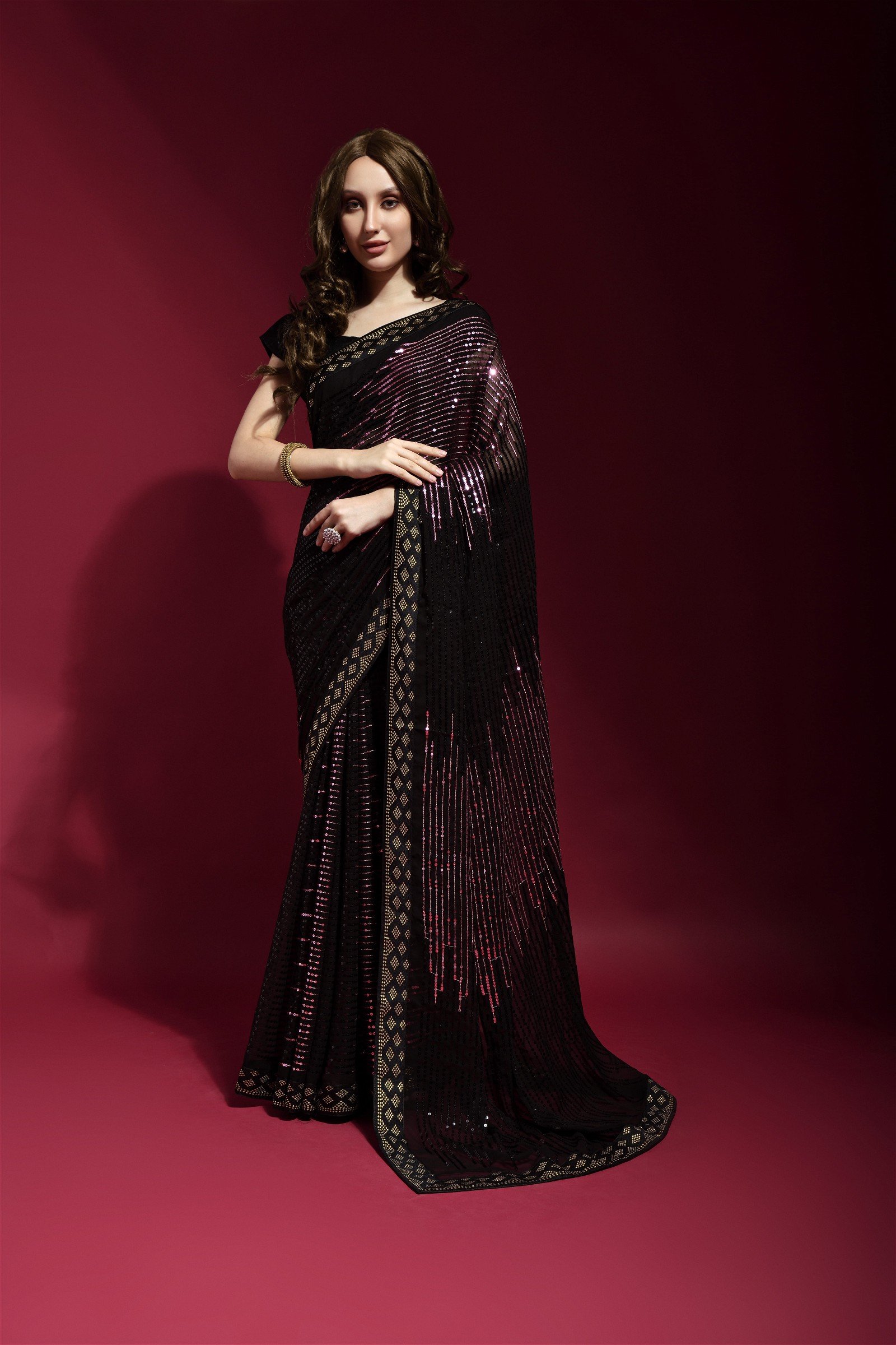Sequance Georgette Onion Saree With Unstiched Blouse Piece