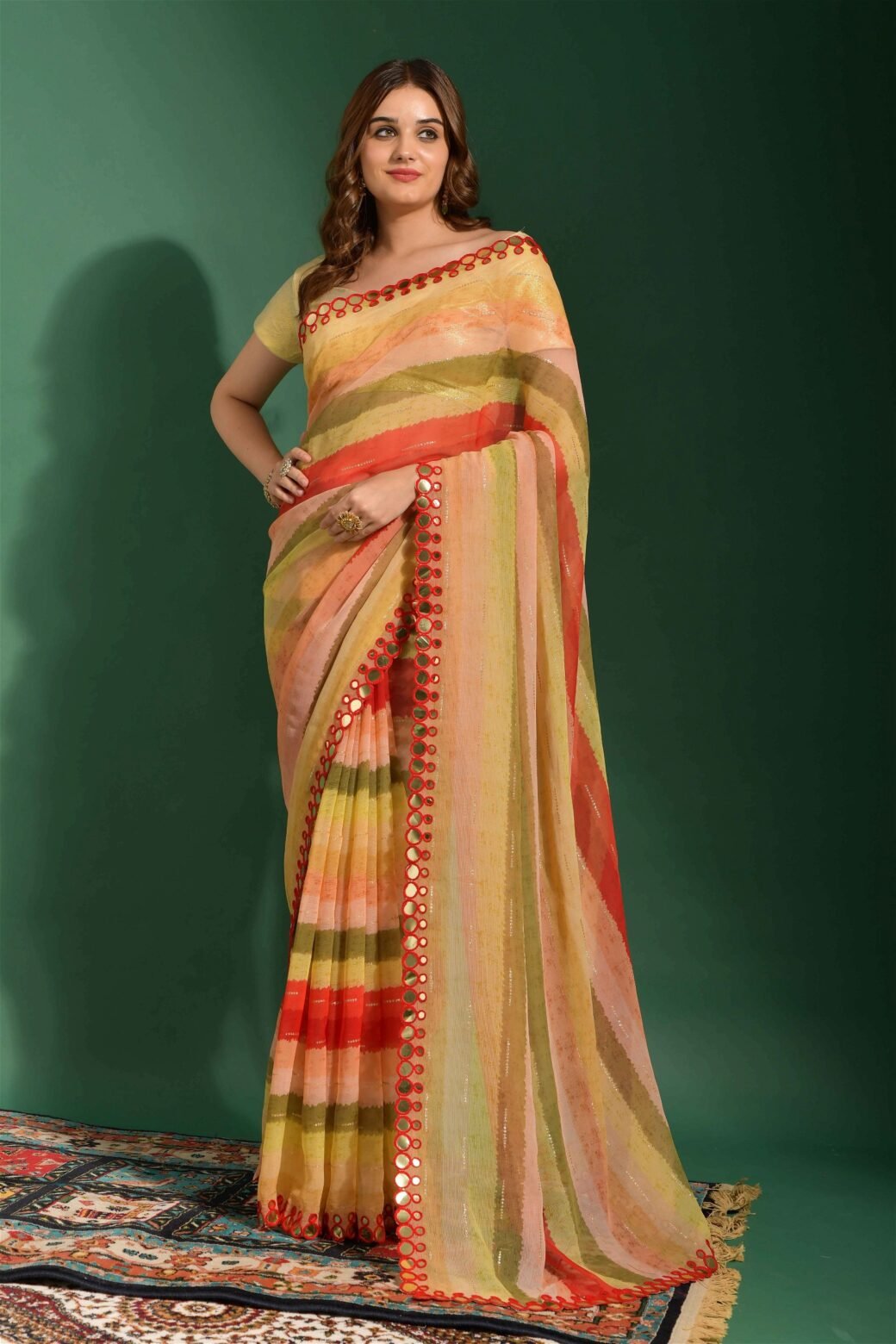 Multicolor Chiffon with Leriya Print And Mirror Lace Work Saree