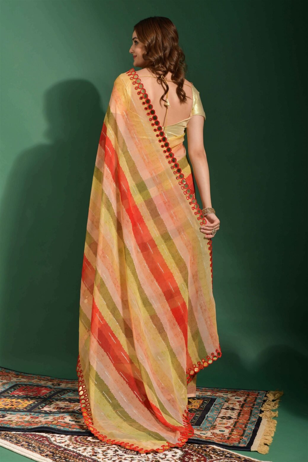 Multicolor Chiffon with Leriya Print And Mirror Lace Work Saree - Image 2