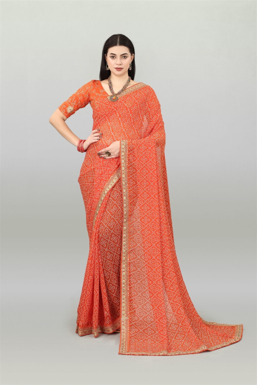 Orange Colour Georgette Bandhani Printed Saree