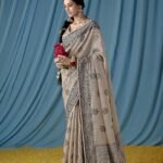 Light Brown Colour Beautiful Traditional Wear Lucknowi Linen Saree