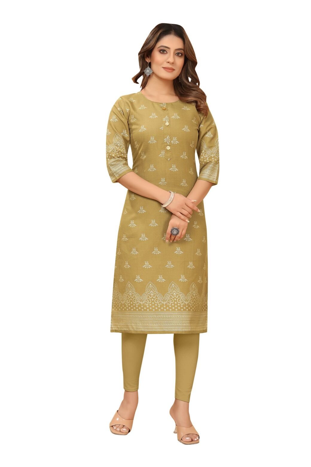 Beige Foil Printed Ruby Cotton Casual Kurti For Women