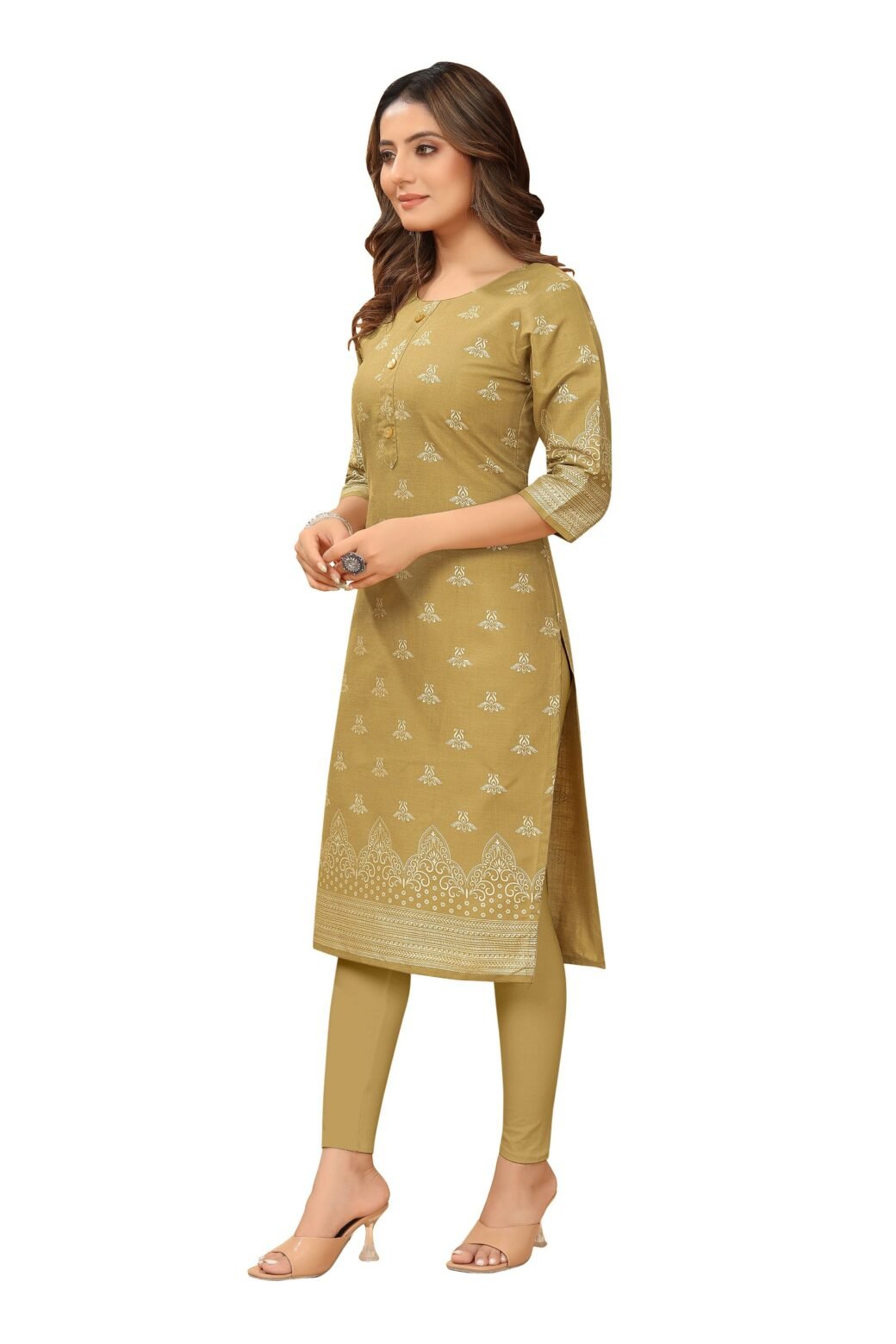 Beige Foil Printed Ruby Cotton Casual Kurti For Women - Image 2