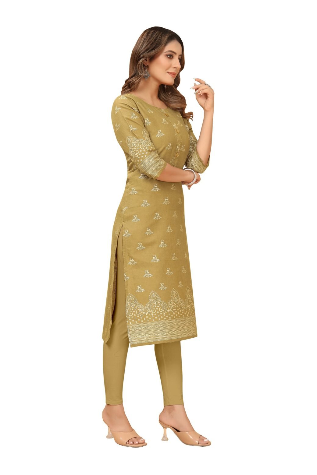 Beige Foil Printed Ruby Cotton Casual Kurti For Women - Image 4