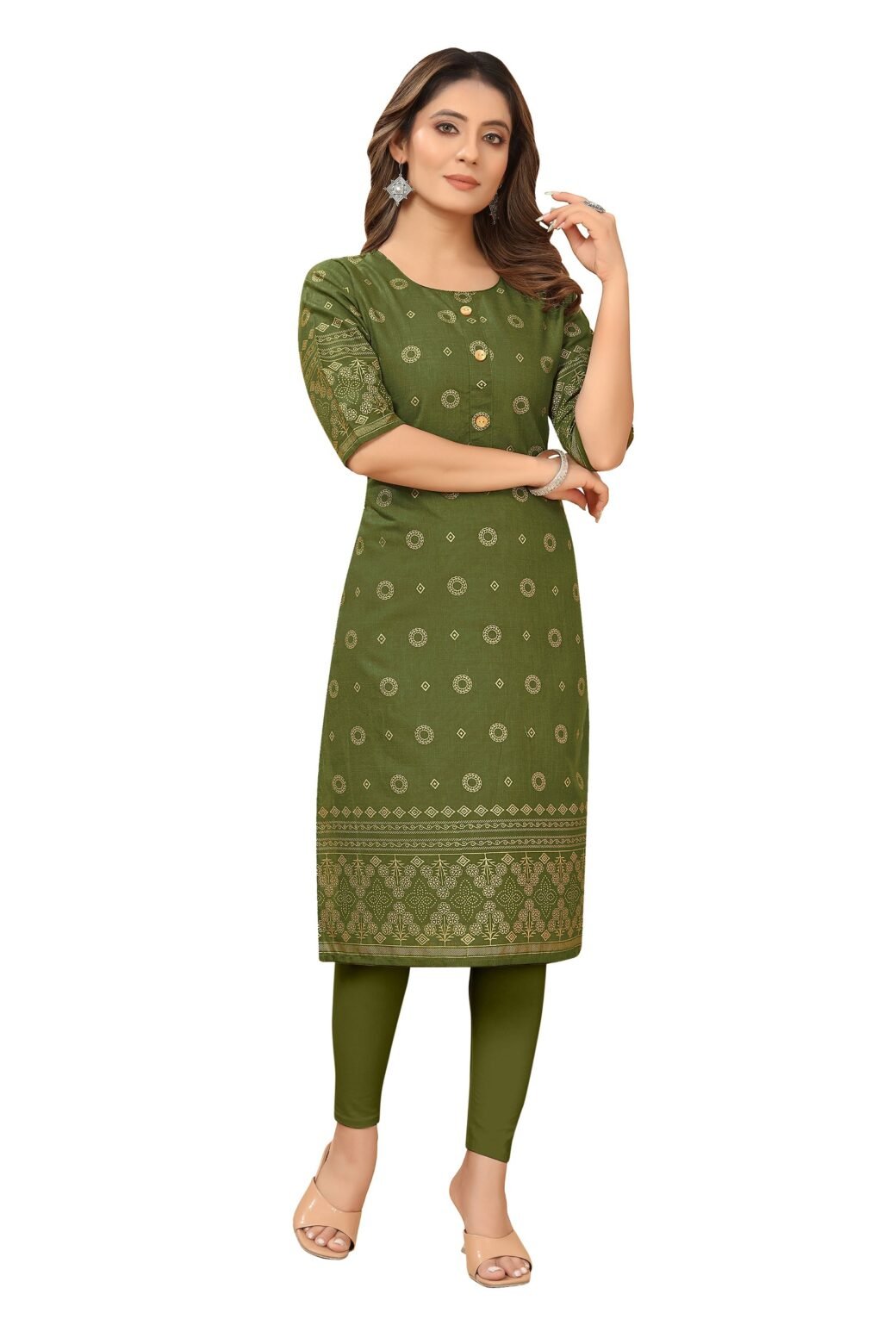 Dark Green Foil Printed Ruby Cotton Casual Kurti For Women