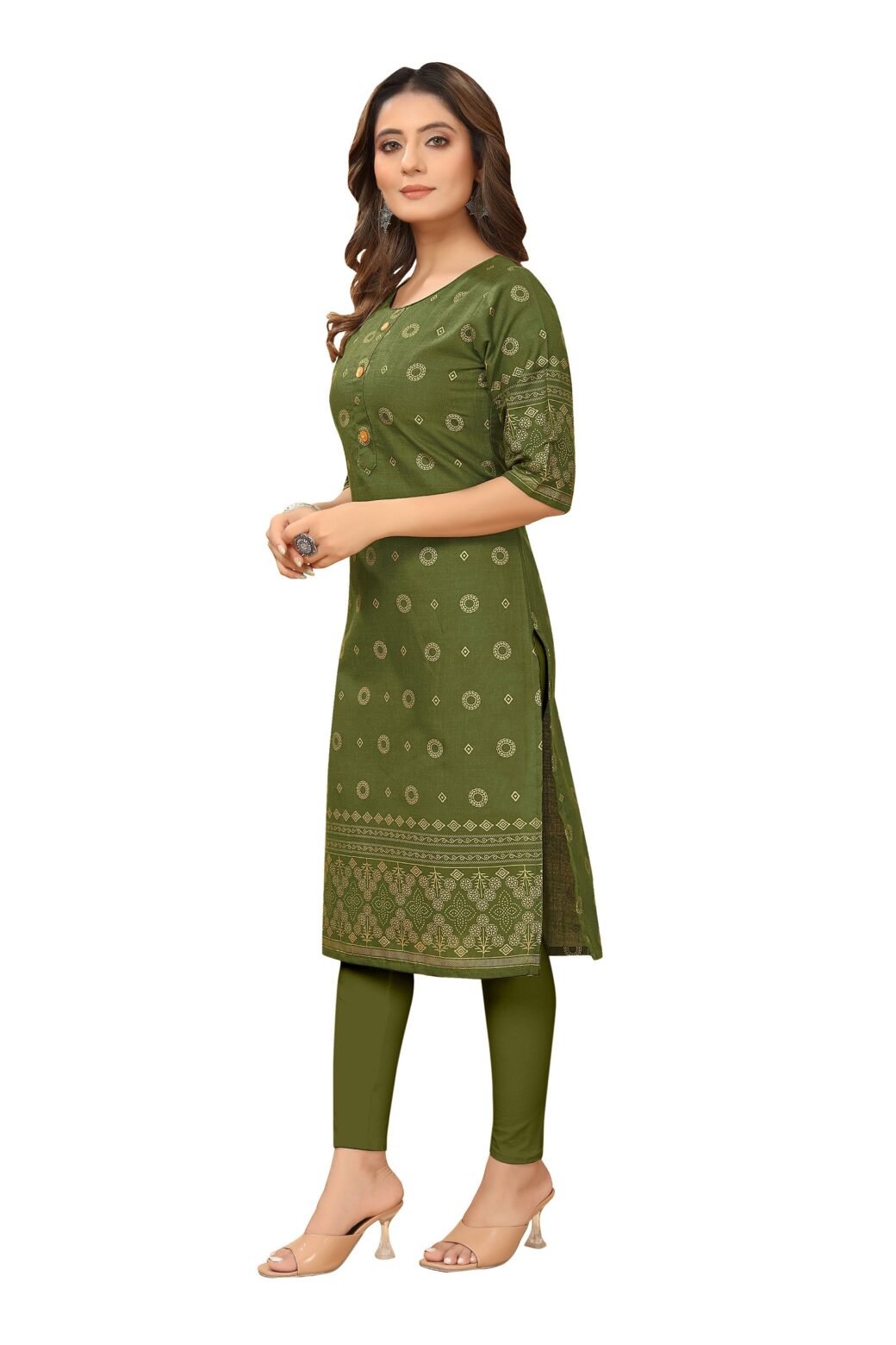 Dark Green Foil Printed Ruby Cotton Casual Kurti For Women - Image 2