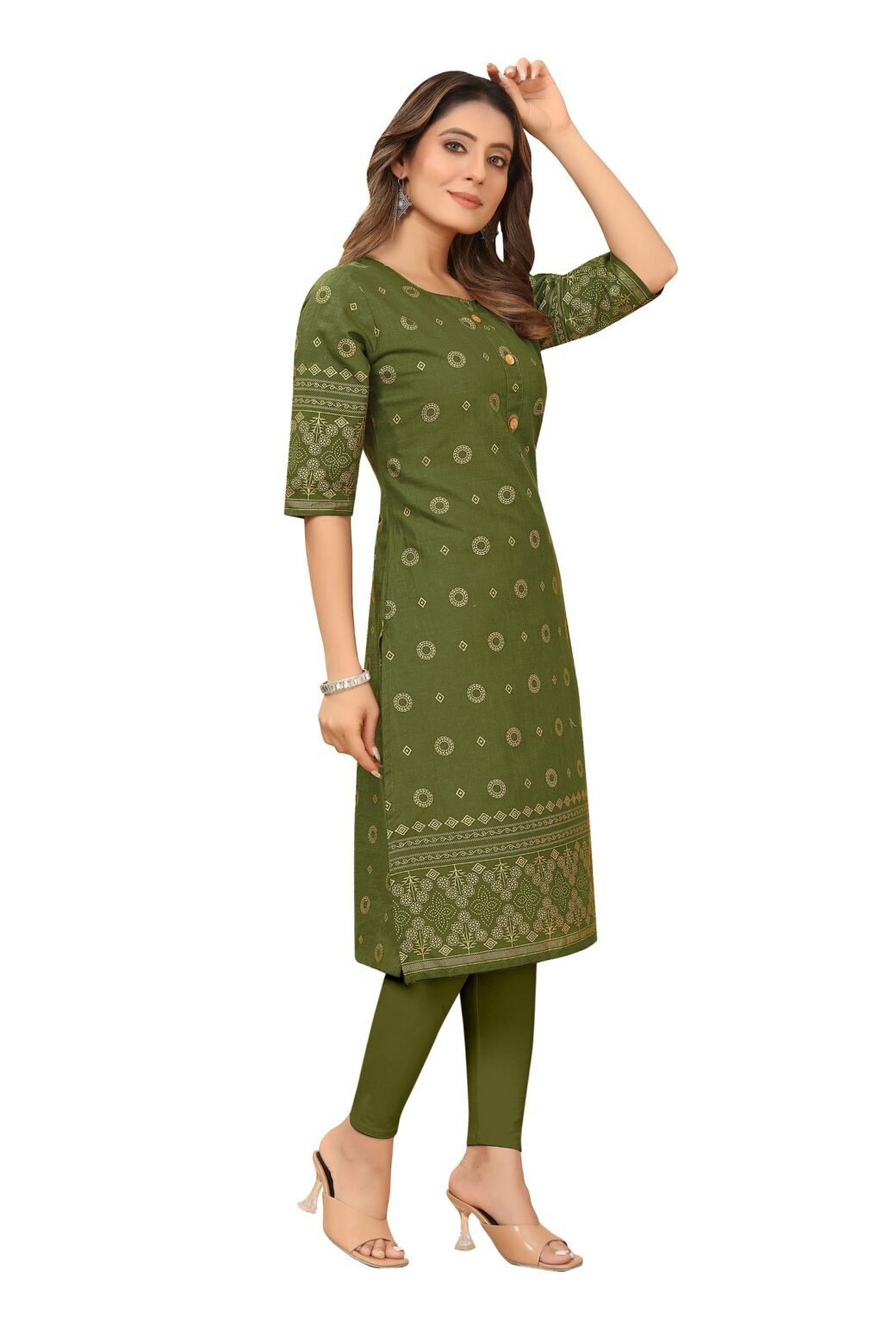 Dark Green Foil Printed Ruby Cotton Casual Kurti For Women - Image 4