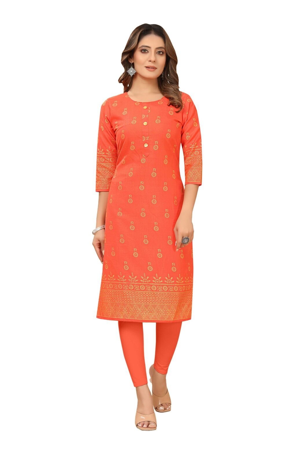 Orange Foil Printed Ruby Cotton Casual Kurti For Women