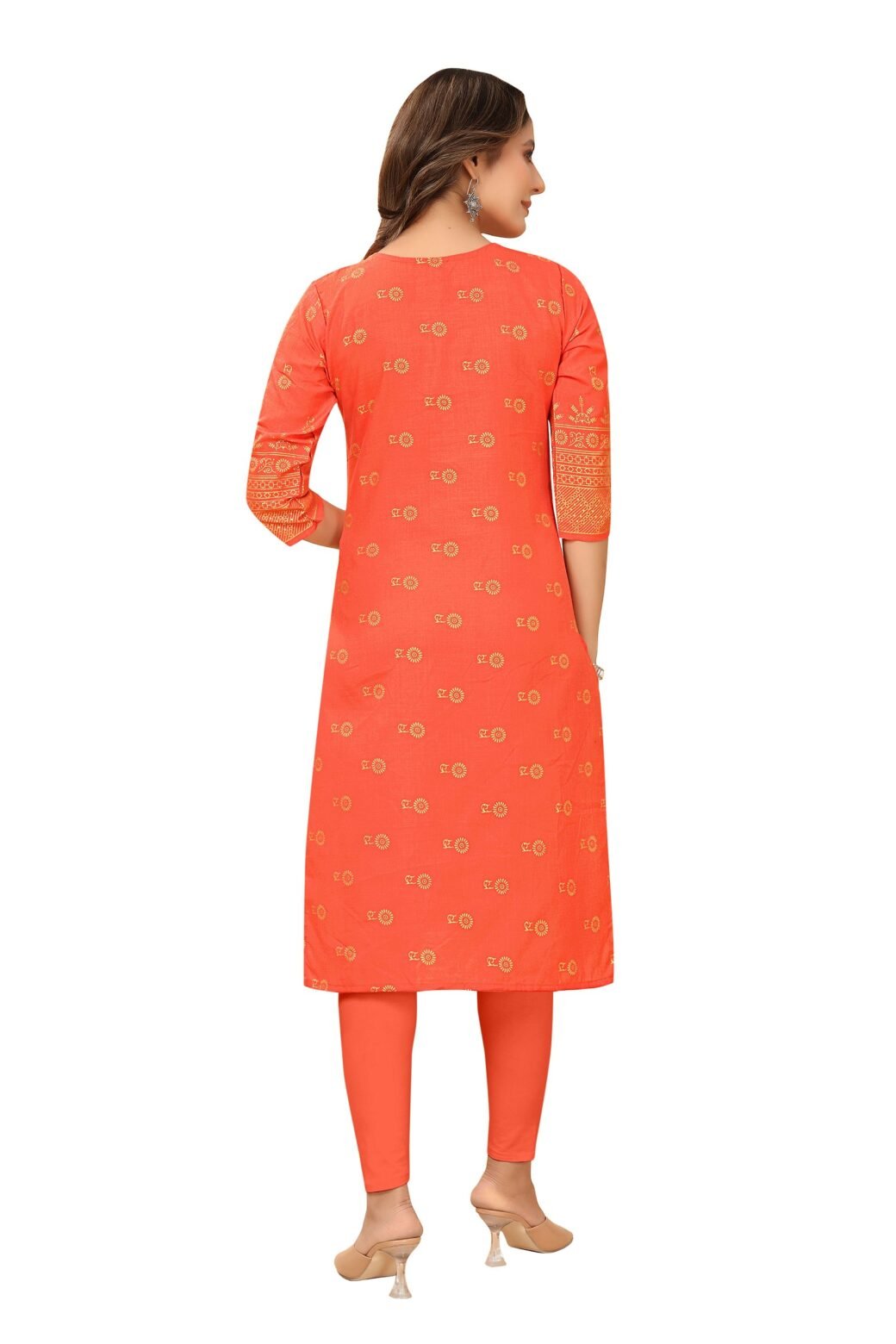 Orange Foil Printed Ruby Cotton Casual Kurti For Women - Image 3