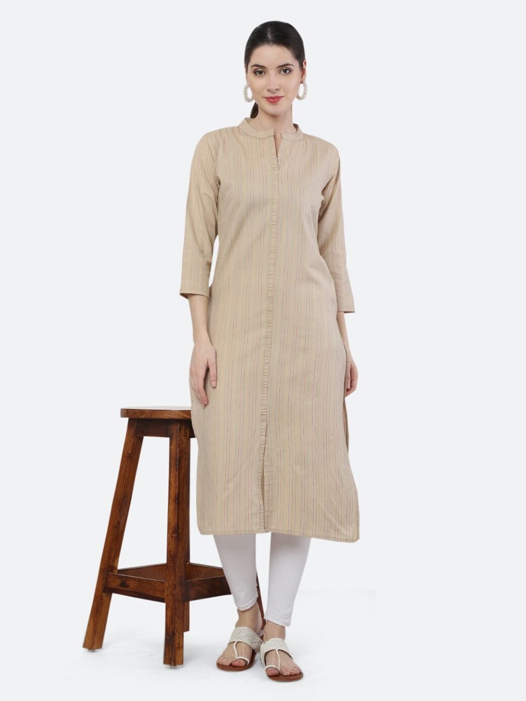 Beige Viving Cotton Long Collar Neck Casual Kurti