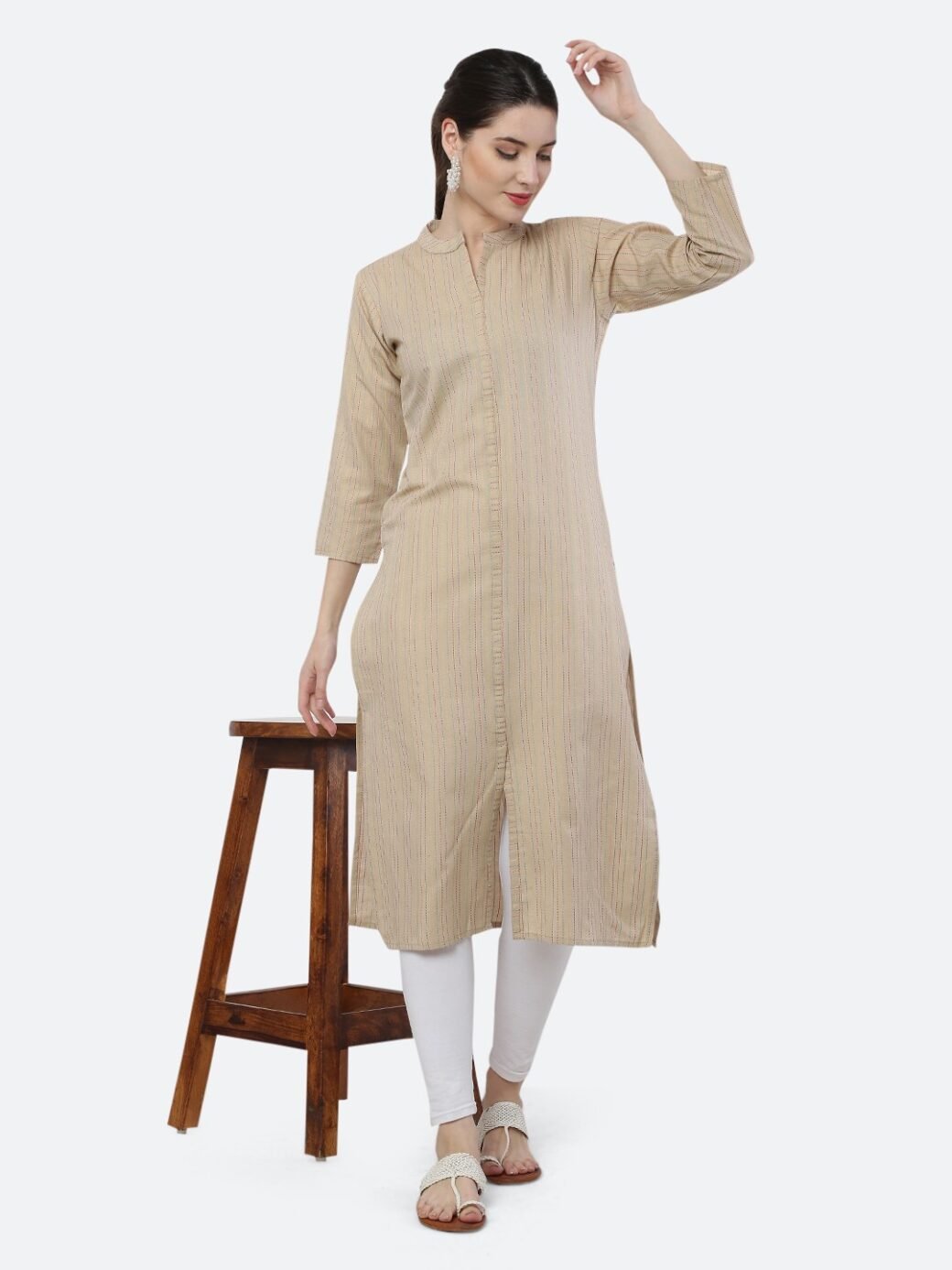 Beige Viving Cotton Long Collar Neck Casual Kurti - Image 3