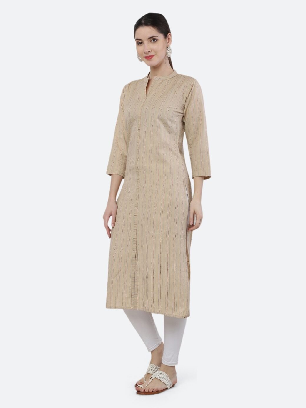 Beige Viving Cotton Long Collar Neck Casual Kurti - Image 5