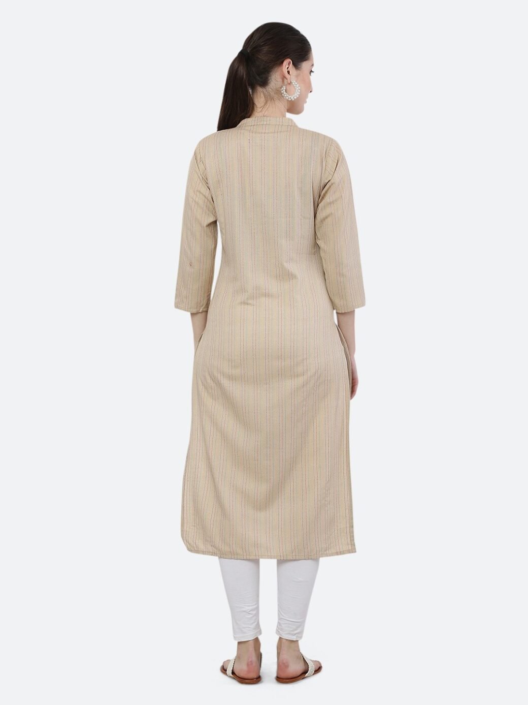 Beige Viving Cotton Long Collar Neck Casual Kurti - Image 2