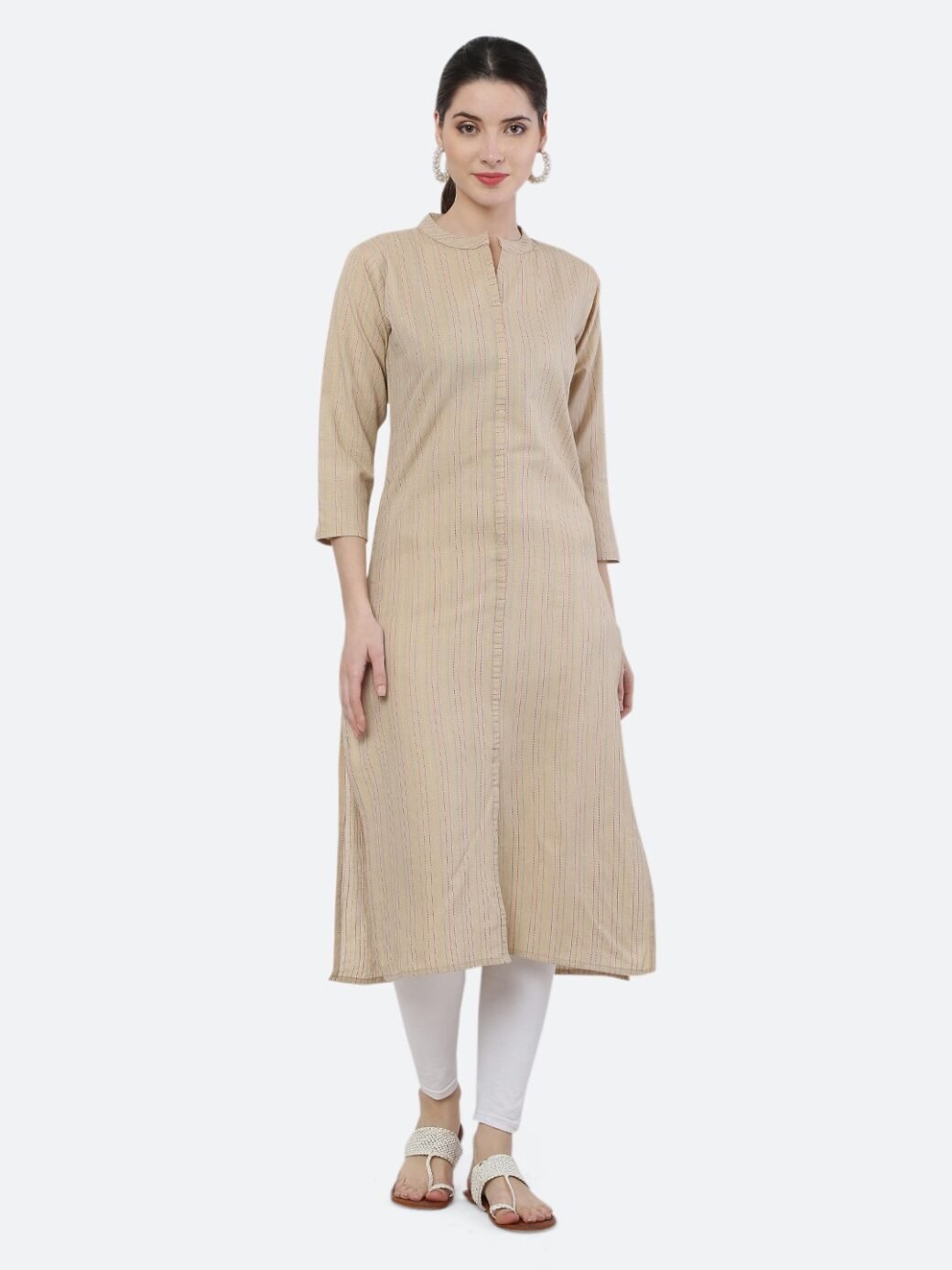 Beige Viving Cotton Long Collar Neck Casual Kurti - Image 6