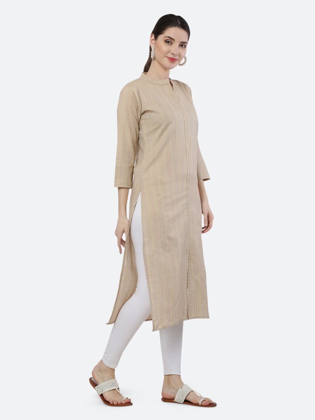 Beige Viving Cotton Long Collar Neck Casual Kurti - Image 4