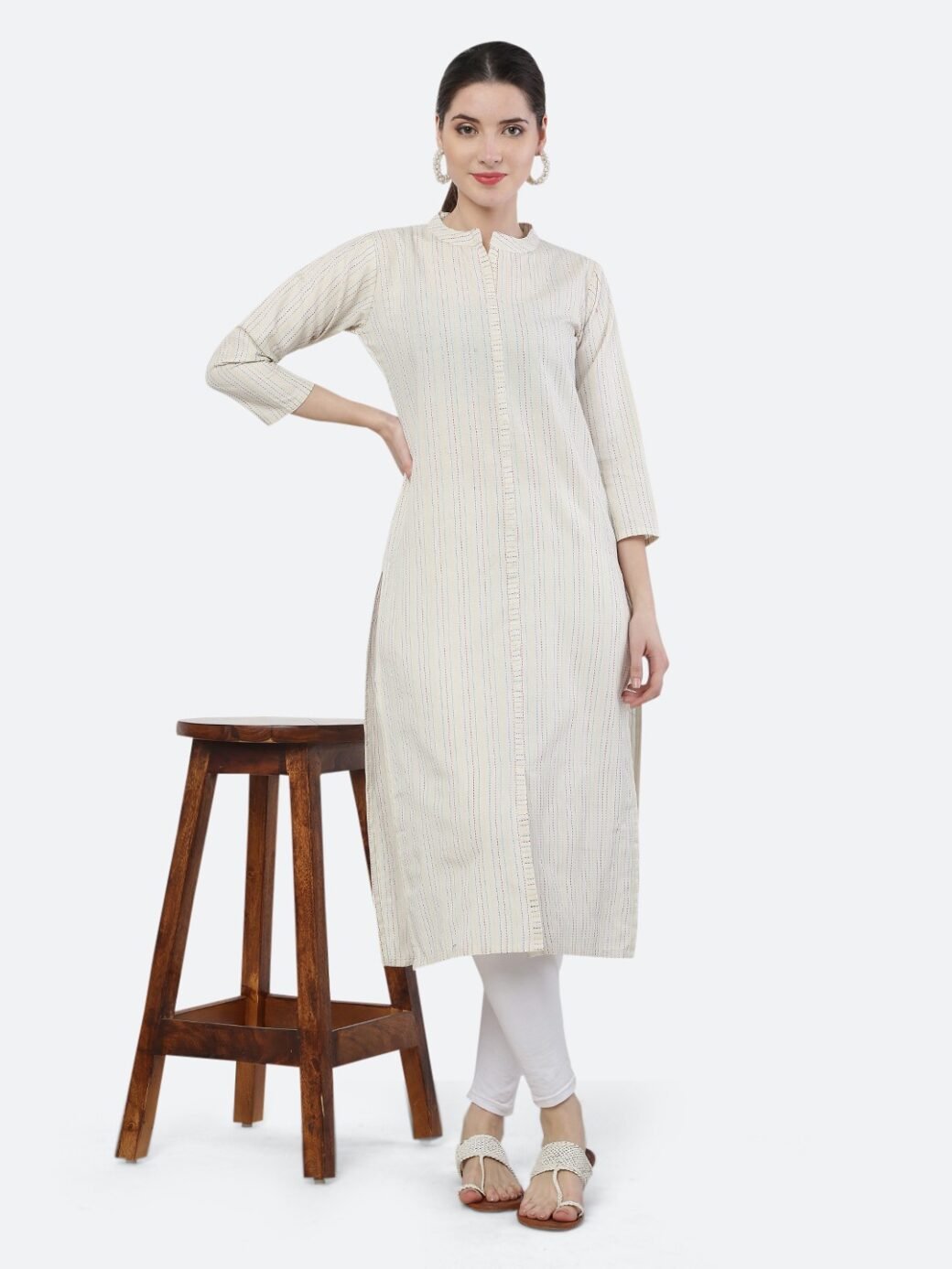 White Viving Cotton Long Collar Neck Casual Kurti