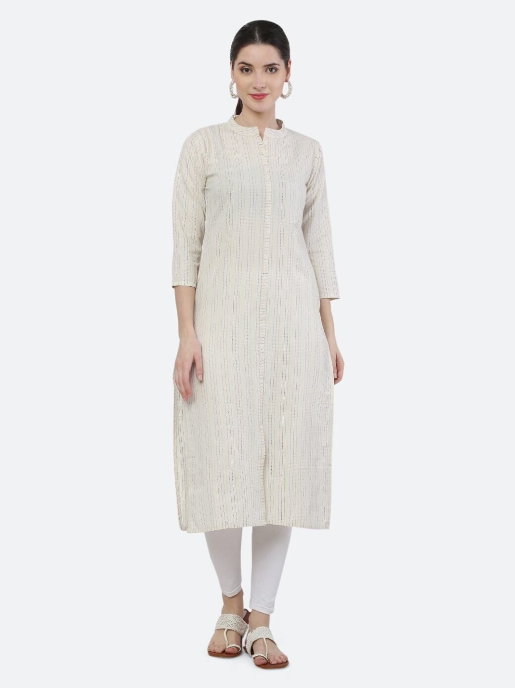 White Viving Cotton Long Collar Neck Casual Kurti - Image 3