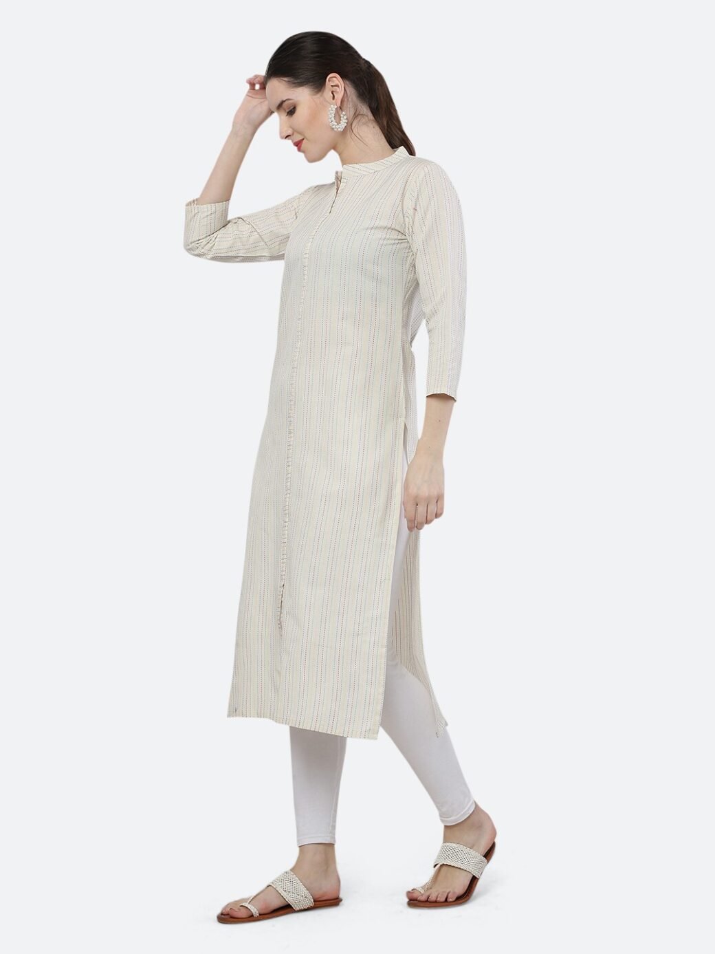 White Viving Cotton Long Collar Neck Casual Kurti - Image 6