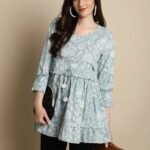 Sky Cambric Printed Cotton Tops For Women
