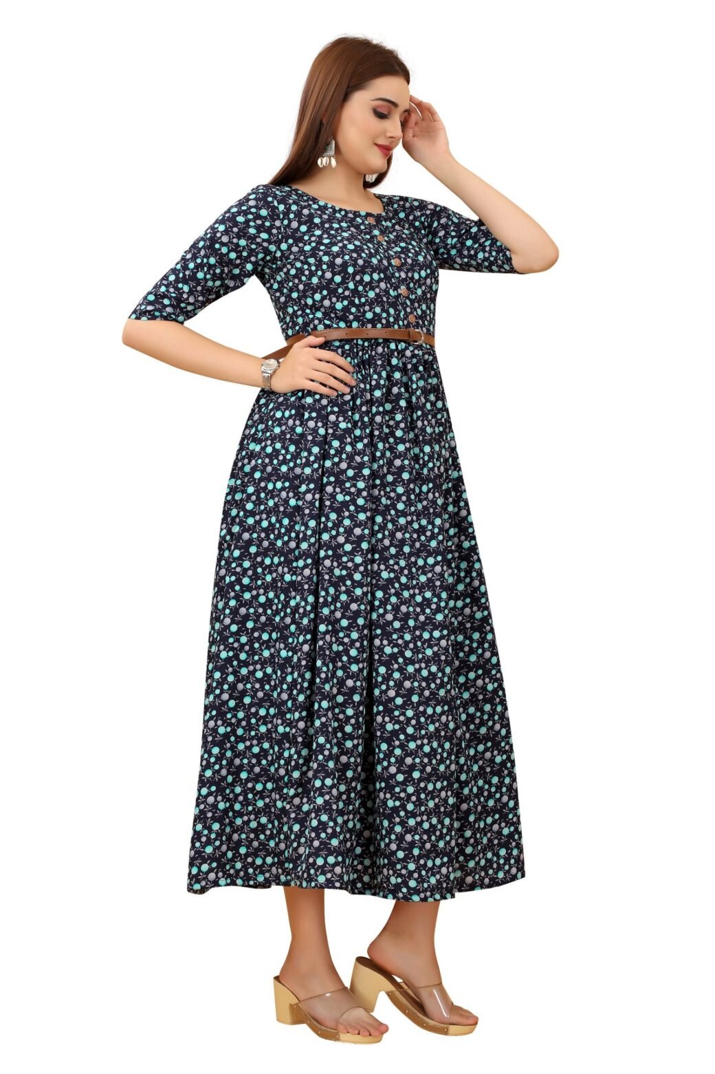 Women's Navy Blue Colour Crepe Printed Casual Wear Dress - Image 3