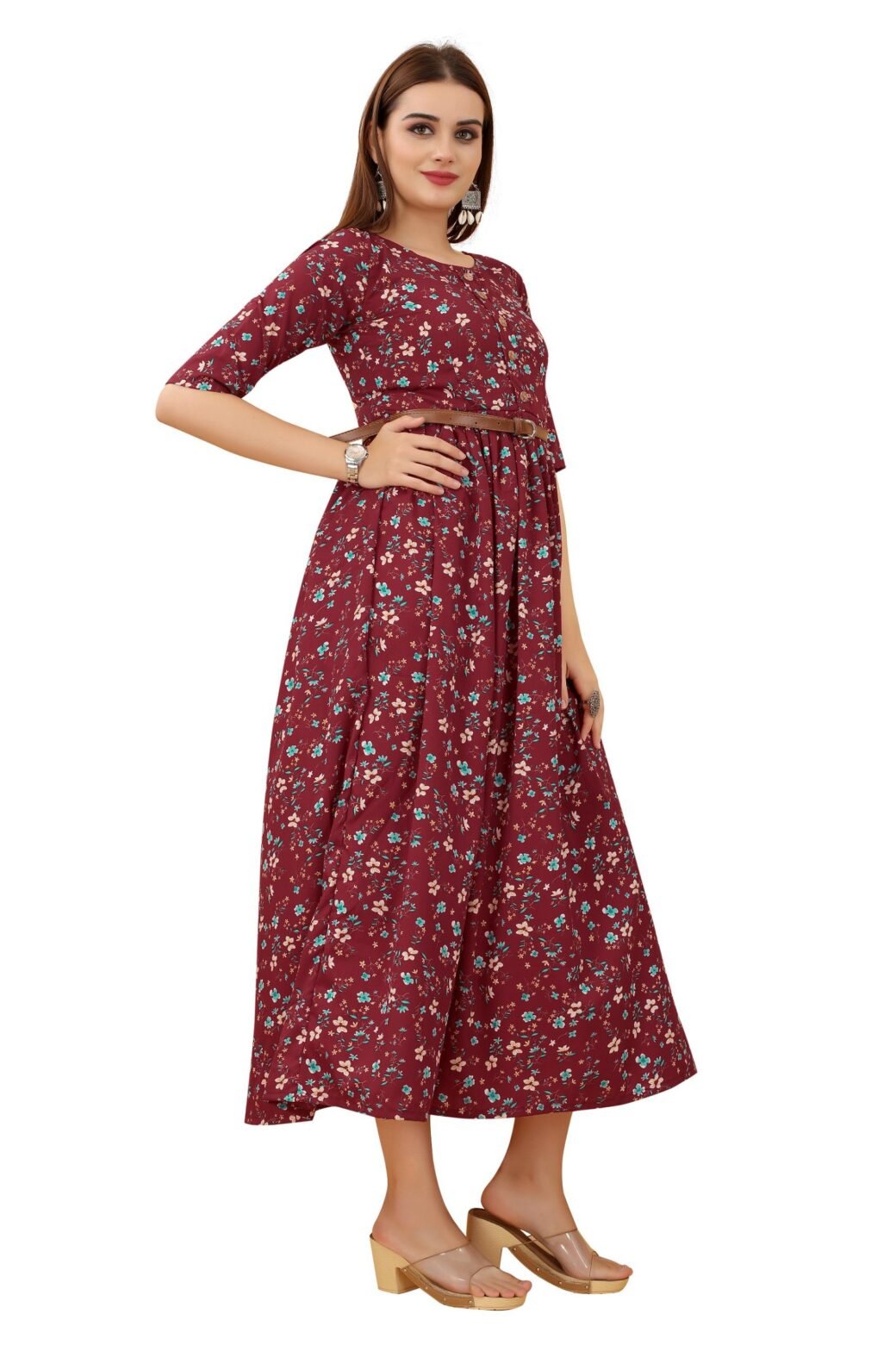 Women's Maroon Colour Crepe Printed Casual Wear Dress - Image 3