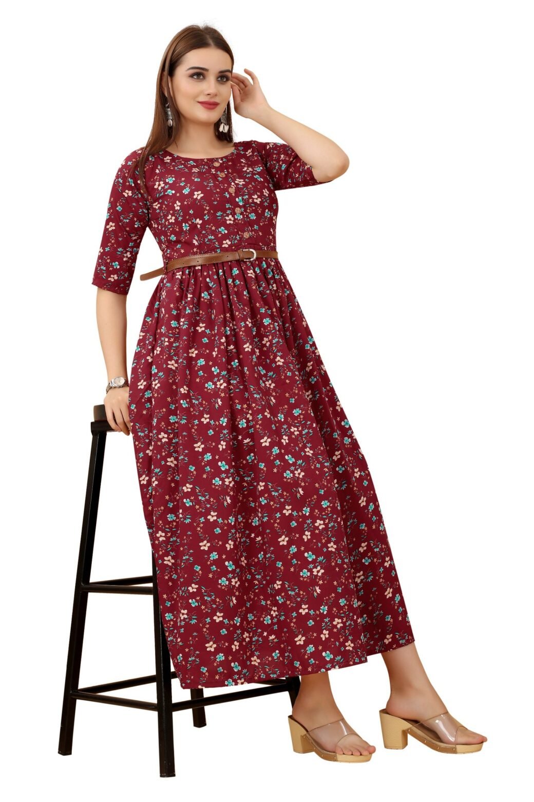 Women's Maroon Colour Crepe Printed Casual Wear Dress - Image 5