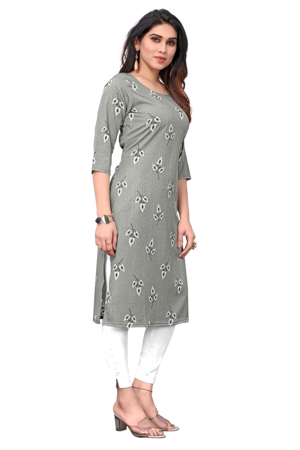 Grey Colour Women's Printed Crepe Straight Kurti