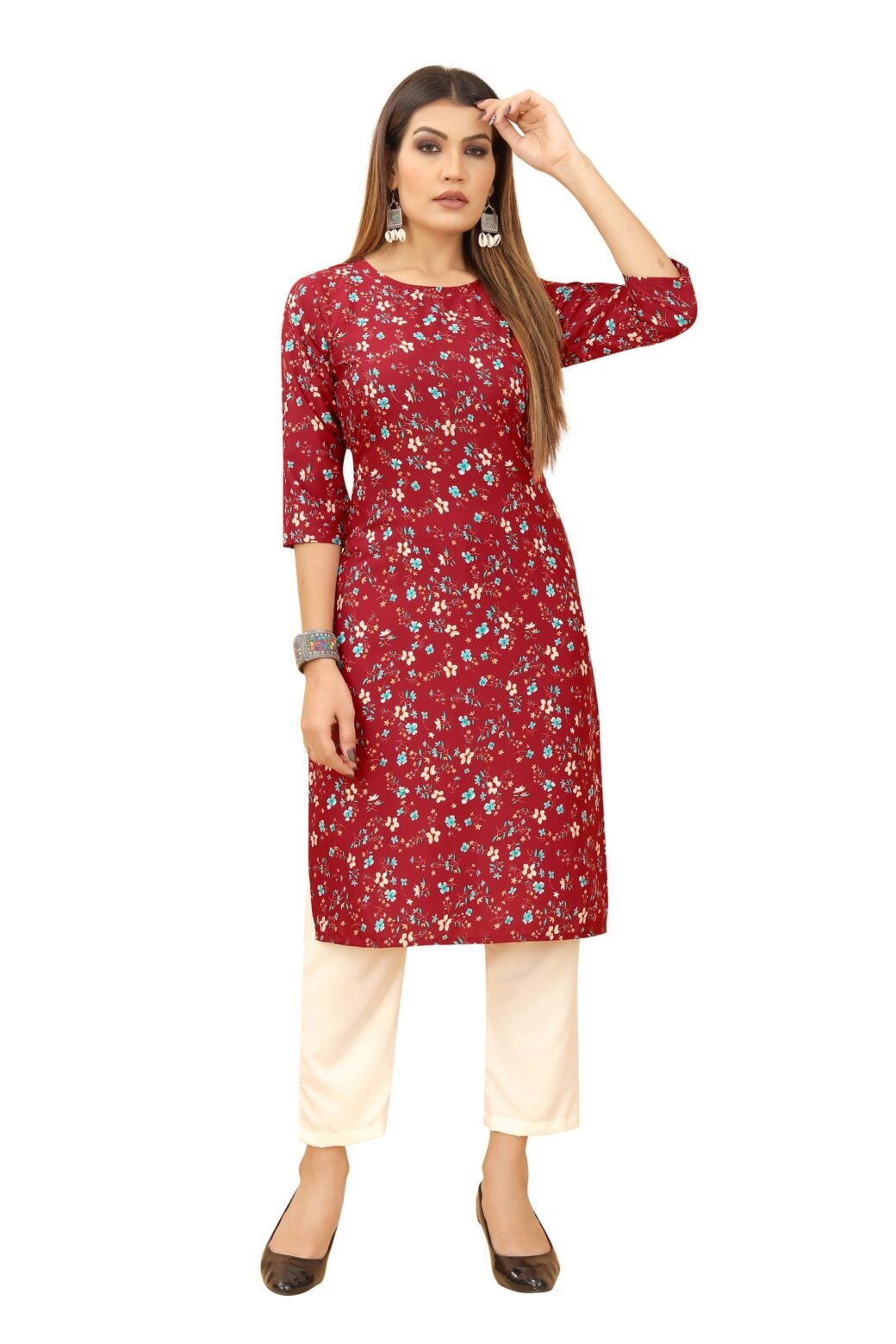 Maroon Colour Women's Printed Crepe Straight Kurti